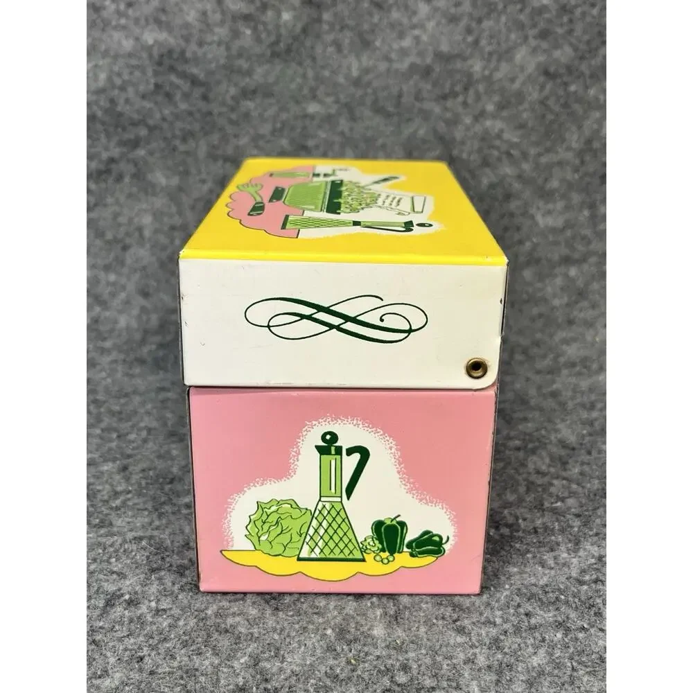Vintage 1950s Ohio Art Metal Recipe Box Tin Litho Pink Yellow Retro Mid Century